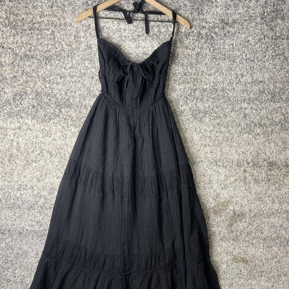 Free People Dress Womens Small Black Halter Tiered Crinkle Cotton Midi Boho - Picture 1 of 6